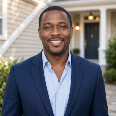 Derek Owens in a navy blazer outside a suburban home