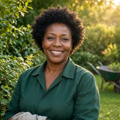 Grace Okafor in a green work shirt in a garden with a wheelbarrow