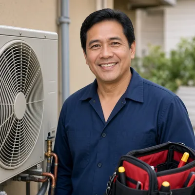 Luis Ramirez in a navy work shirt beside an outdoor AC unit with his tool bag
