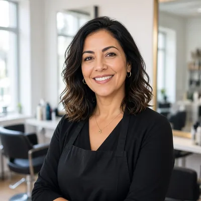 Maria Delgado, smiling in a black apron in a bright hair salon