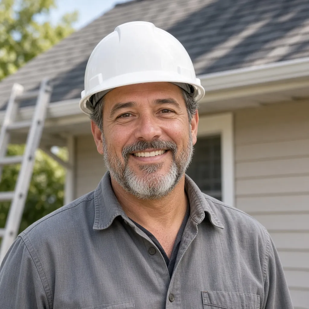 Ray Castillo in a white hard hat in front of a freshly shingled roof