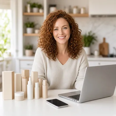 Tanya Brooks at her kitchen table with a laptop and skincare products