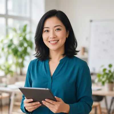 Taylor Reed holding a tablet in a bright co-working space
